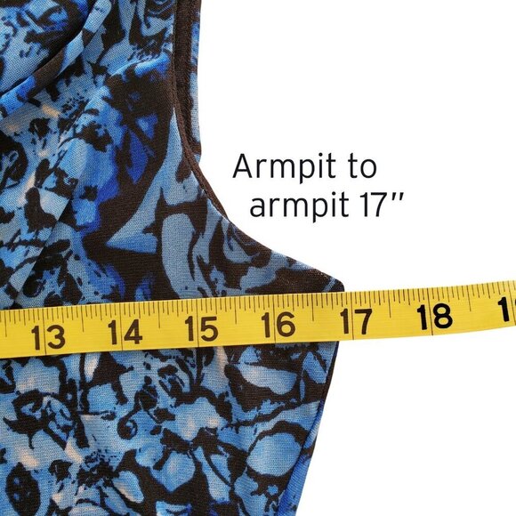 Cable & Gauge Mesh Lined Drape Neck Ruched Waist Sleeveless Blouse Blue Black M - Picture 9 of 13